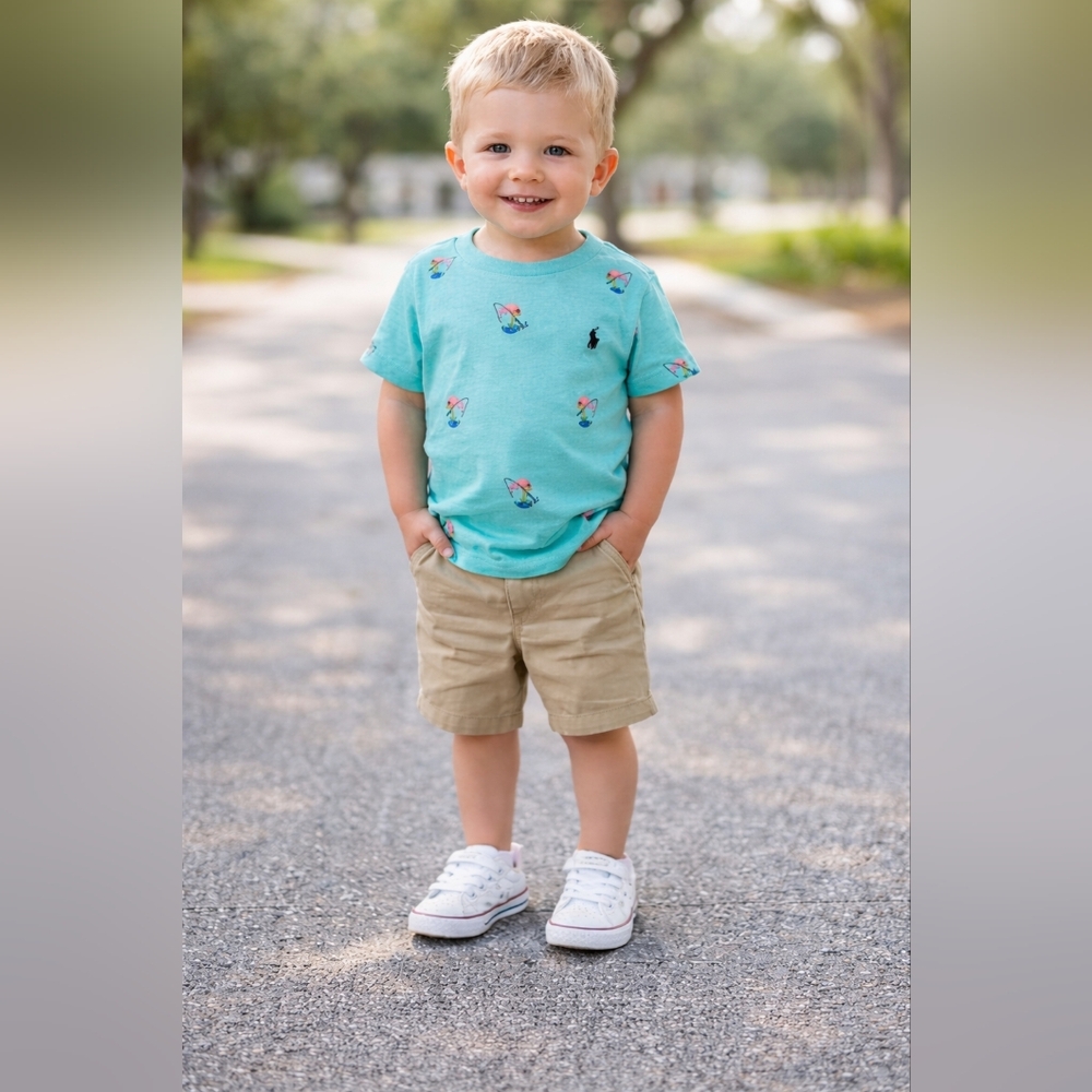 Ralph Lauren Boys Flamingo Fishing Polo Turquoise Allover Print Cotton Tee Sz 2T